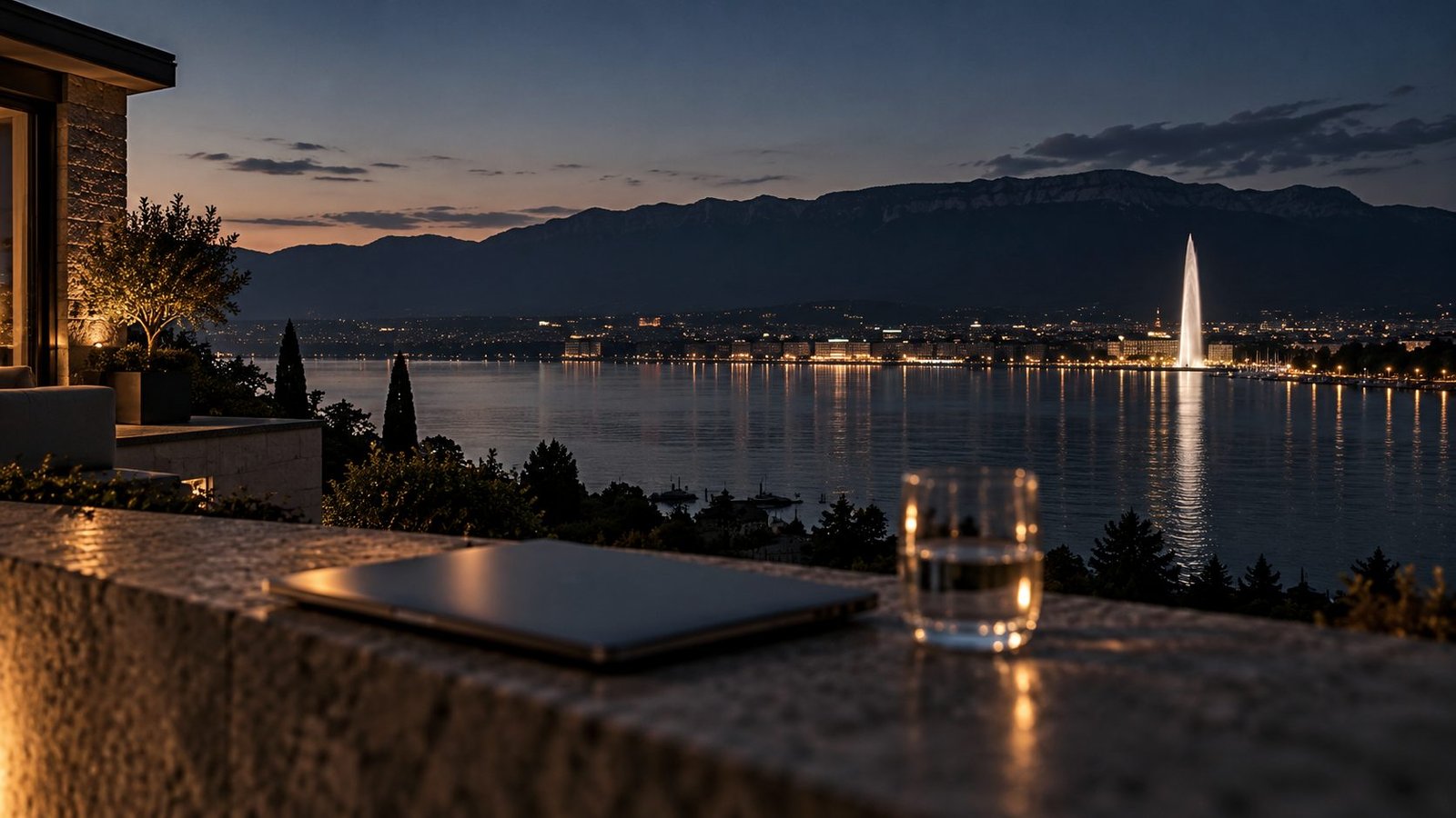La rade de Genève et le jet d'eau à la tombée de la nuit, vus depuis une terrasse
