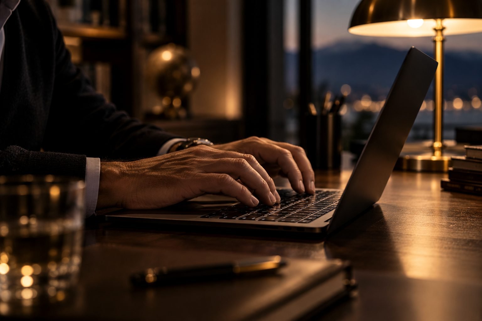 Mains sur le clavier d'un ordinateur portable, lampe en laiton